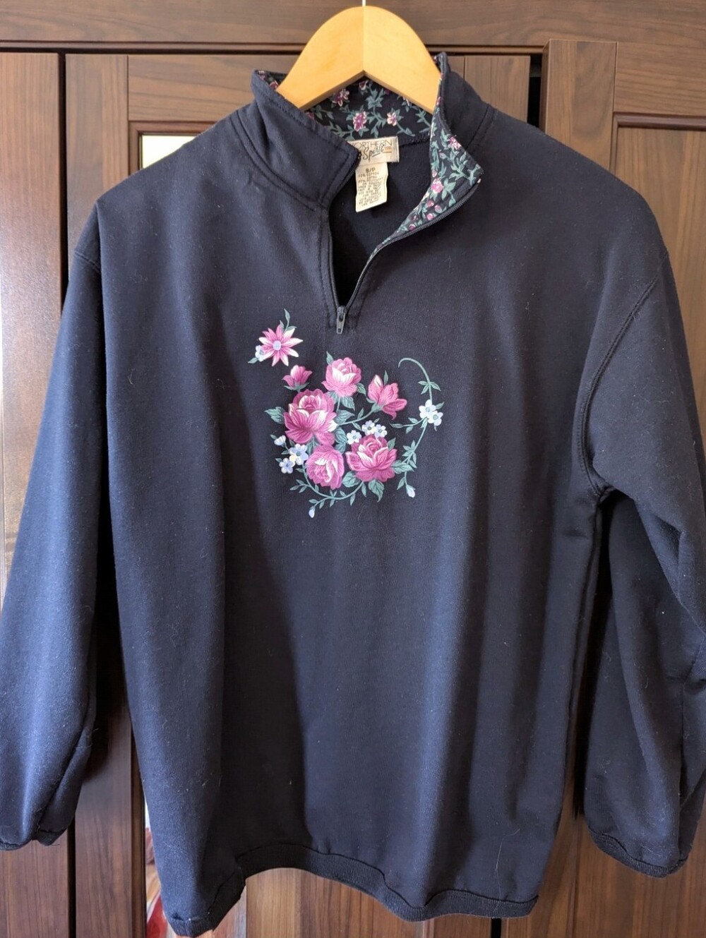 Vintage Sweatshirt Northern Spirit Navy Blue Moc Neck Quarter Zip Floral Small